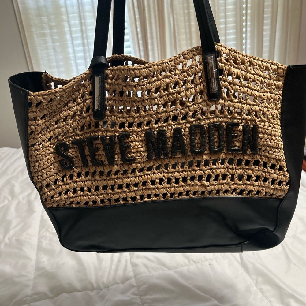 Steve Madden Black and Natural Woven Logo Tote